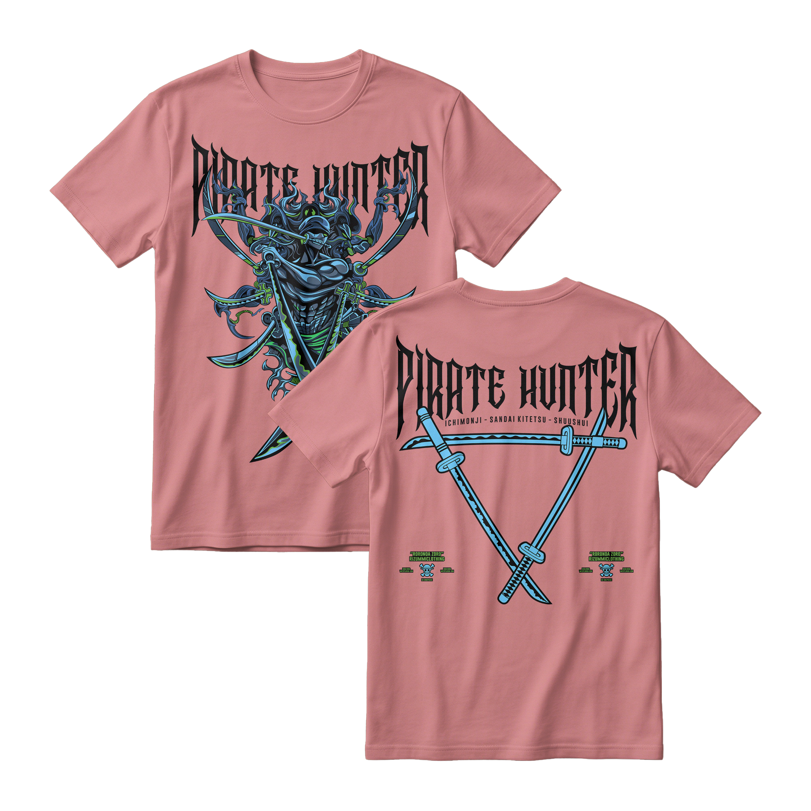 Anime One Piece Roronoa Zoro Pirates Hunter Short Sleeve Tee - PASTEL-PINK