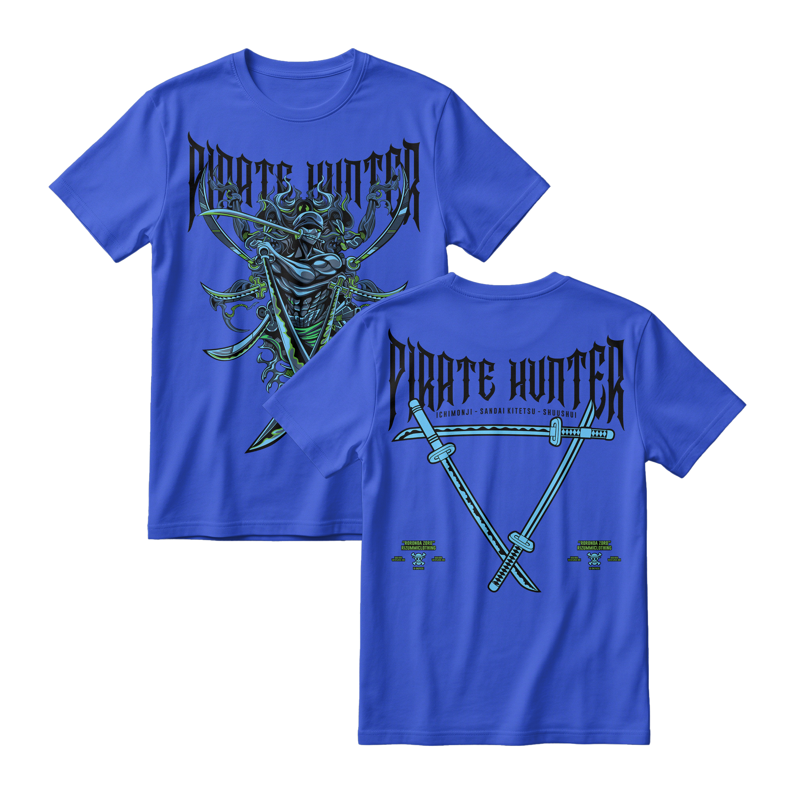 Anime One Piece Roronoa Zoro Pirates Hunter Short Sleeve Tee - ROYAL-BLUE