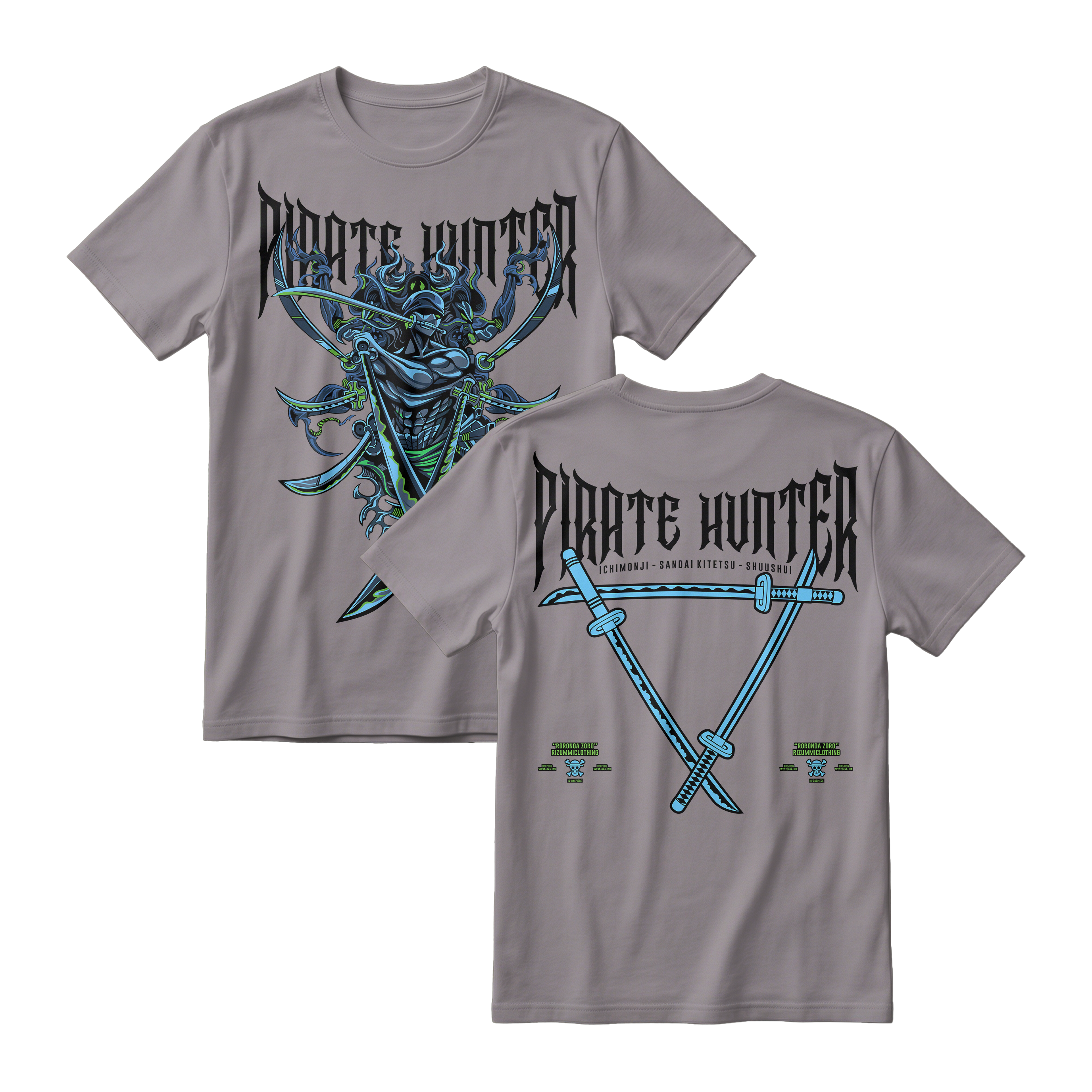 Anime One Piece Roronoa Zoro Pirates Hunter Short Sleeve Tee - SMOKE-GREY