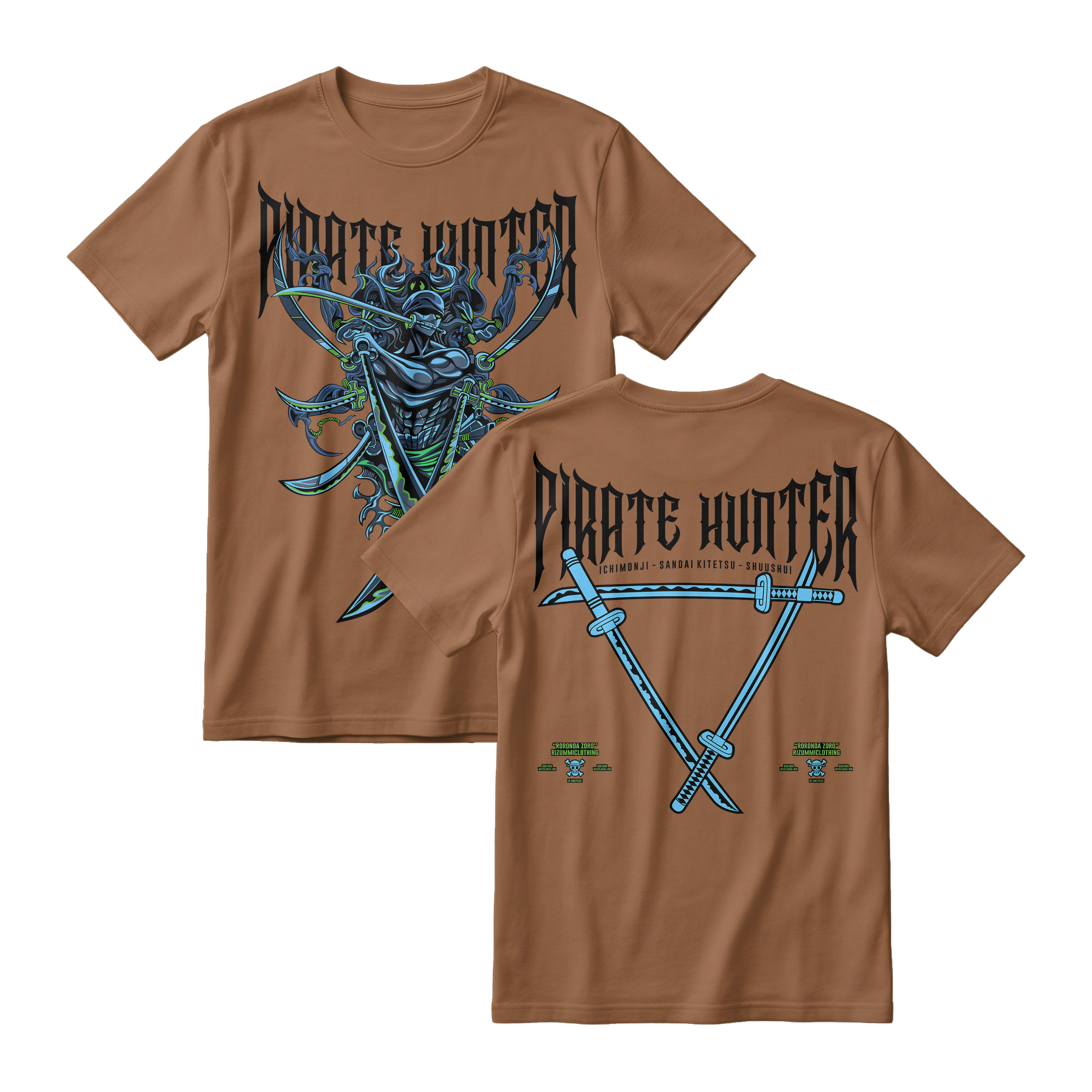 Anime One Piece Roronoa Zoro Pirates Hunter Short Sleeve Tee - WALNUT