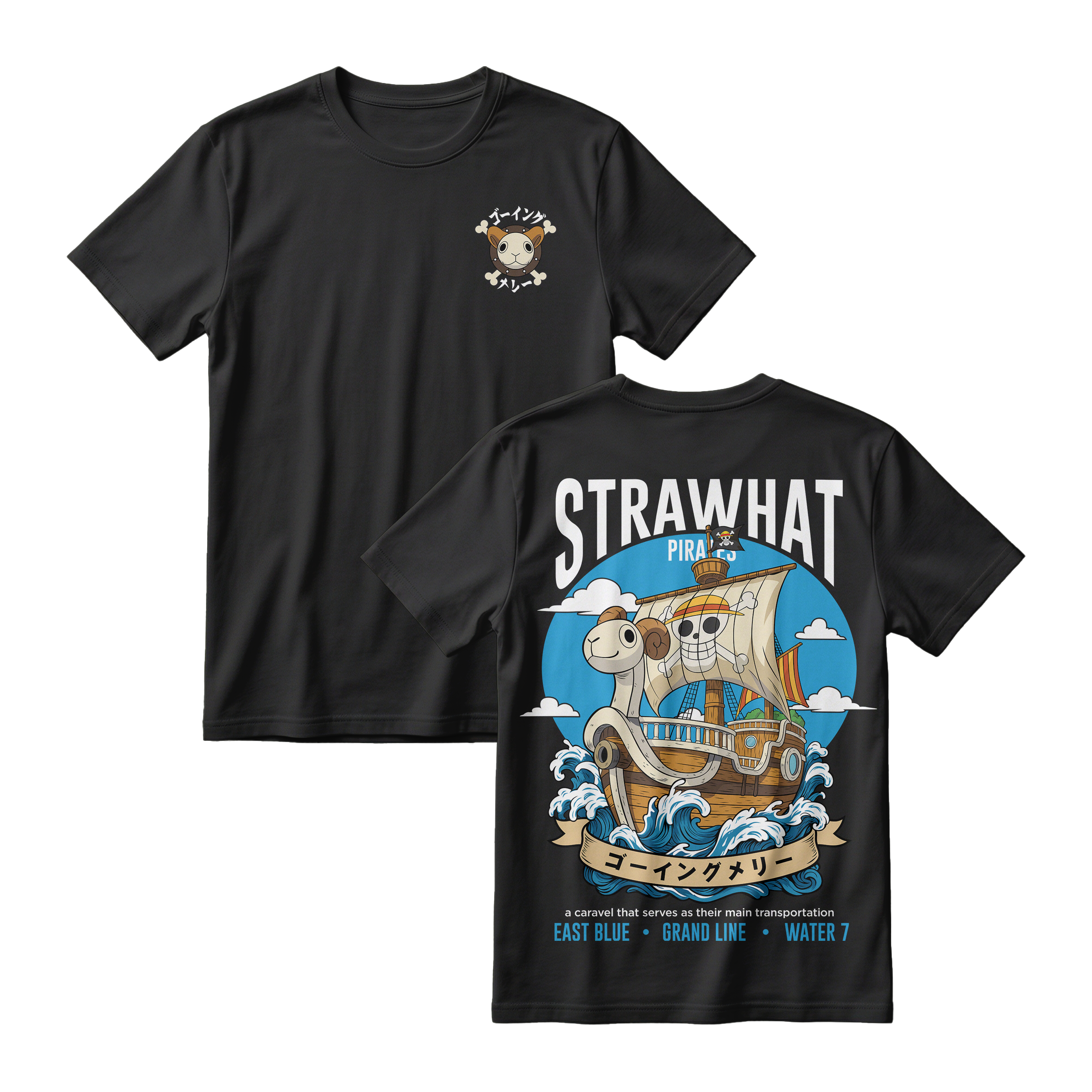Anime One Piece Straw Hat Pirates Thousand Sunny Journey Short Sleeve Tee - RZM017