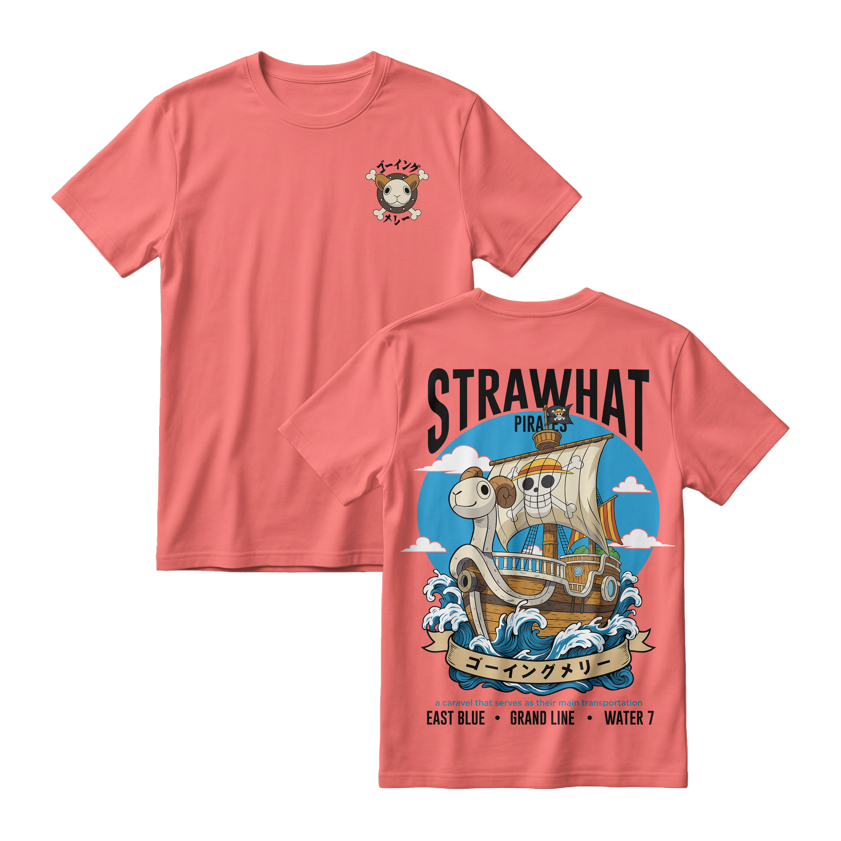 Anime One Piece Straw Hat Pirates Thousand Sunny Journey Short Sleeve Tee - RZM017